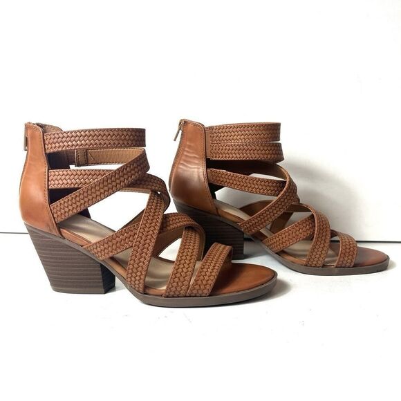 Frye and Co Womens 9M Strappy Brown Faux Leather Heeled Zip Sandals Open Toe New - Picture 4 of 11